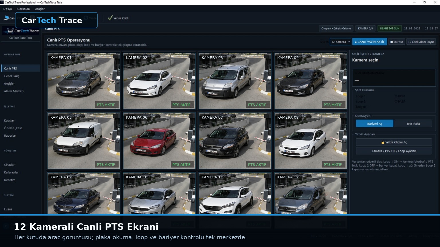 CarTechTrace 12 kameralı canlı PTS uygulama ekranı