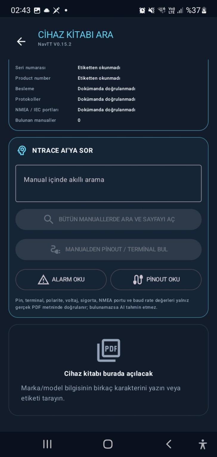 NavTechTrace NTrace AI ve Pinout gerçek uygulama ekranı