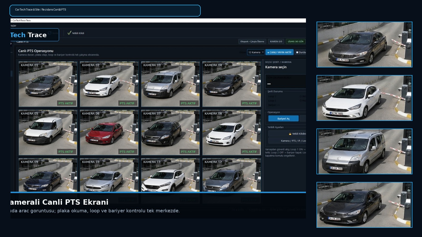 CarTechTrace gerçek uygulama ekranı ve canlı PTS araç montajı