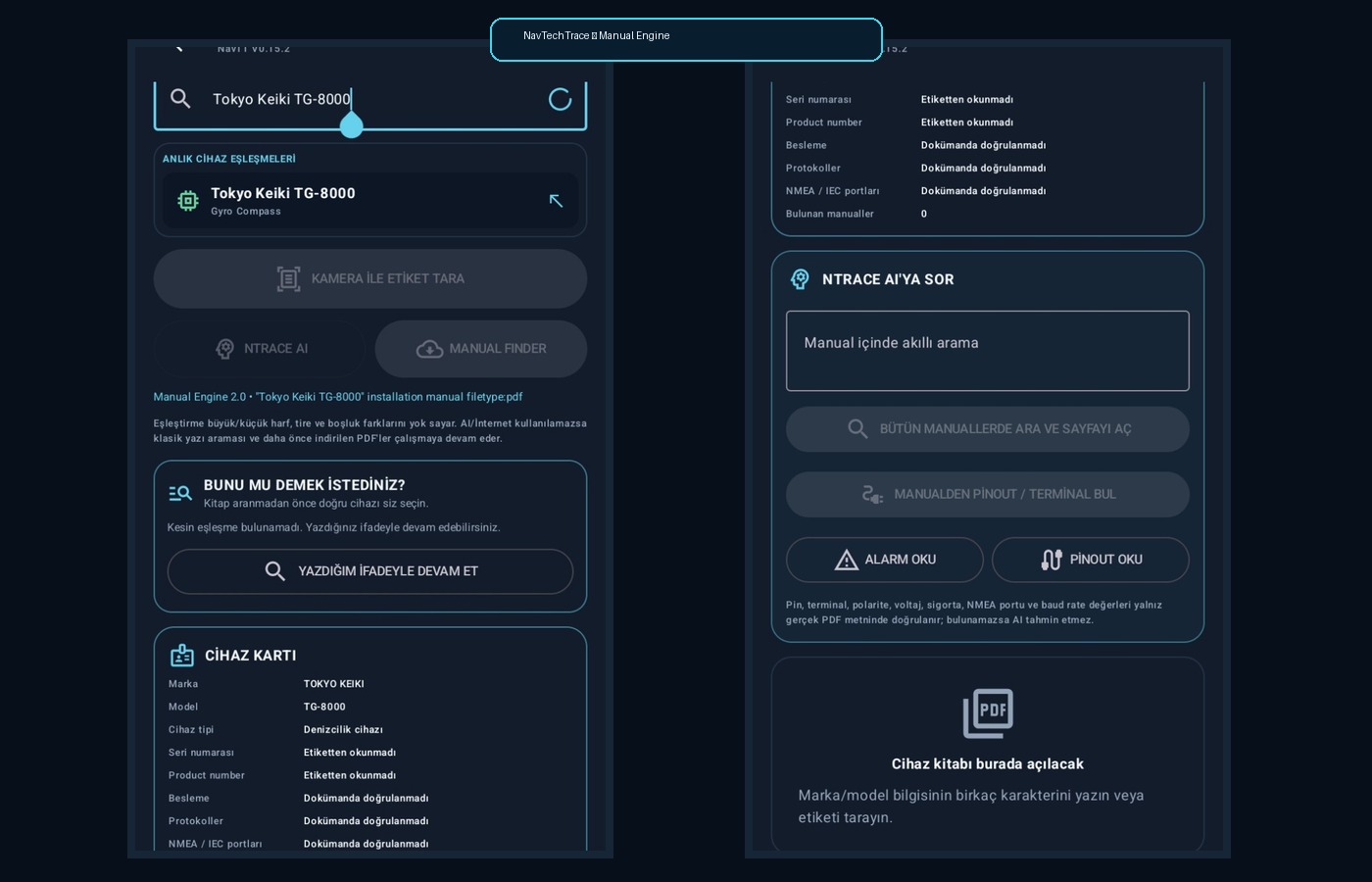 NavTechTrace Cihaz Kitabı Ara ve NTrace AI gerçek ekranları