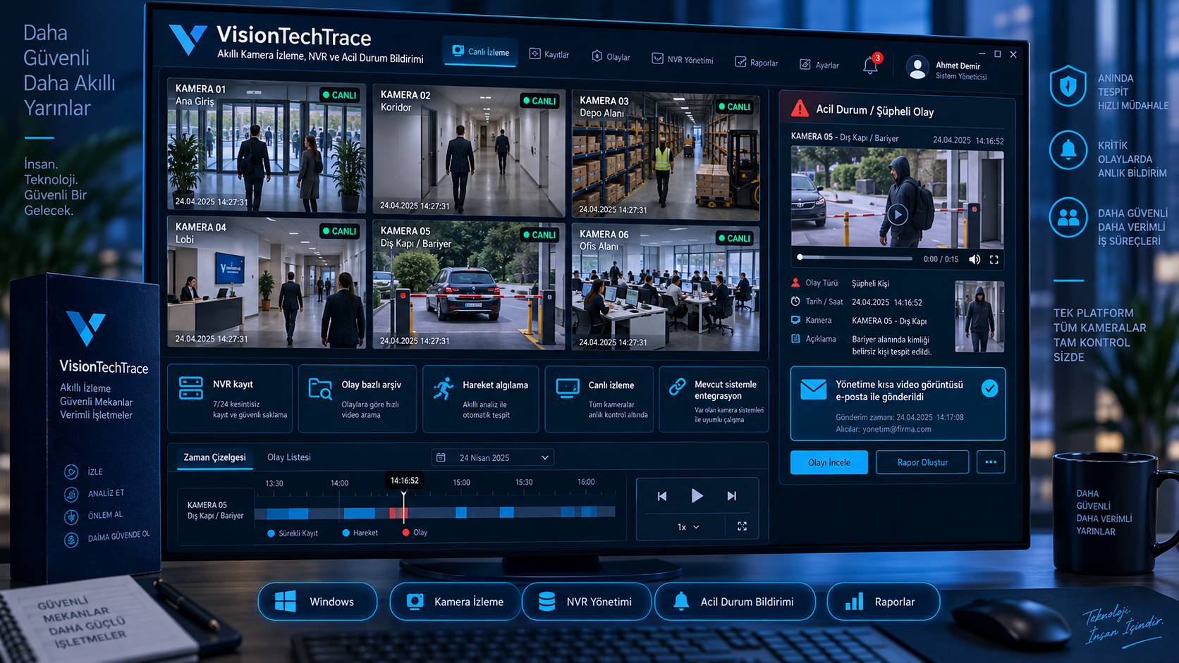 VisionTechTrace akıllı kamera izleme NVR ve acil durum bildirim görseli